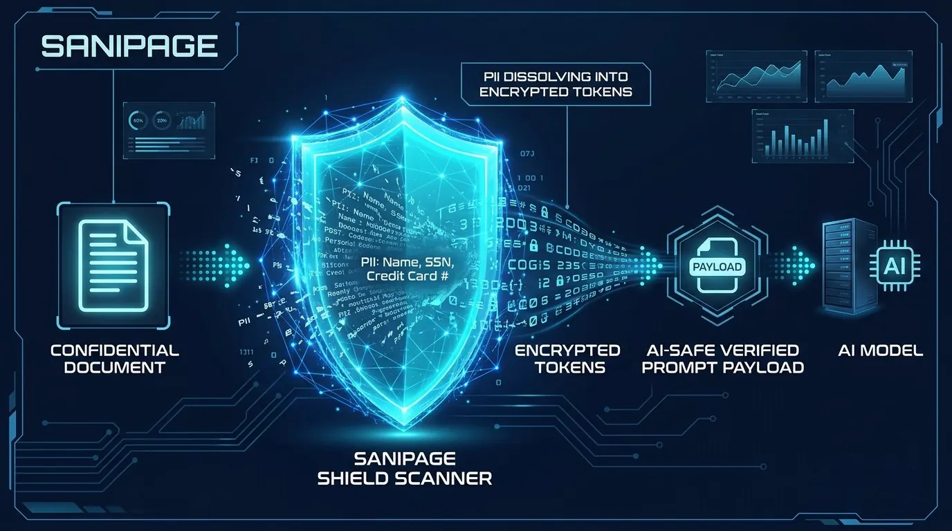 A confidential document passes through the Sanipage shield, its personal details turn into tokens, and only the safe version reaches the AI model.